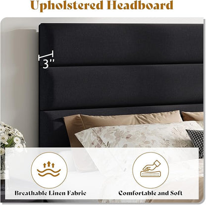 AMERLIFE Queen Size Bed Frame with Linen Upholstered Headboard, Modern Platform Bed with Wooden Slats Support, Noise-Free, No Box Spring Needed, Easy Assembly, Black