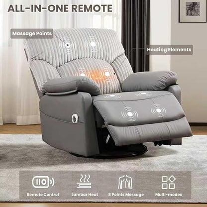 GRAINELL Swivel Rocker Recliner Chair with Massage and Heat, USB Charging Port, Infinite Position Power Recliner, Electric Glider Rocking Chairs for Living Room, Nursery (Grey)
