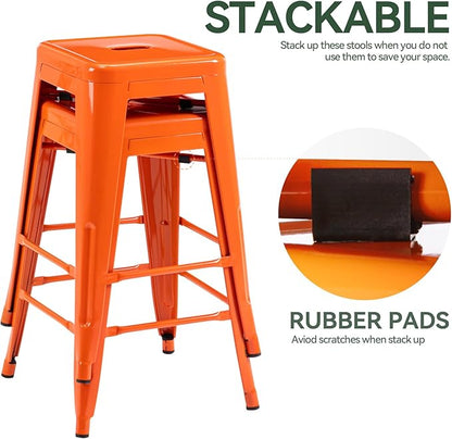 Vogue Furniture Direct 24" Bar Stools Backless Metal Barstools Indoor-Outdoor Counter Height Stools with Square Seat, Set of 2 (Orange)