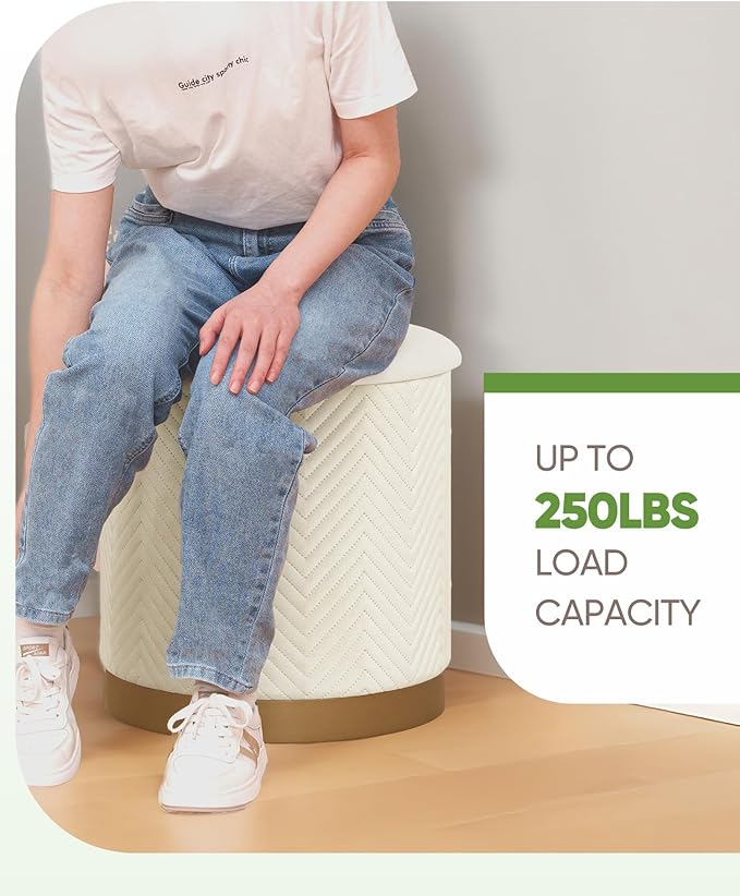 B FSOBEIIALEO Ottoman with Stroage, Round Velvet Storage Ottoman with Gold Plating Base,Foot Rest Stool for Dorm Room, Living Room White, 16.73"x16.73"x17.72"
