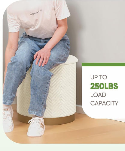 B FSOBEIIALEO Ottoman with Stroage, Round Velvet Storage Ottoman with Gold Plating Base,Foot Rest Stool for Dorm Room, Living Room White, 16.73"x16.73"x17.72"