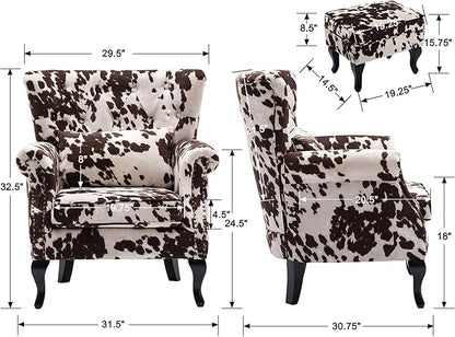 chairus Mid-Century Modern Accent Chair with Ottoman, Comfy Velvet Single Sofa Chair Button Tufted Wingback Armchair with Pillow for Living Room/Bedroom/Club - Cow