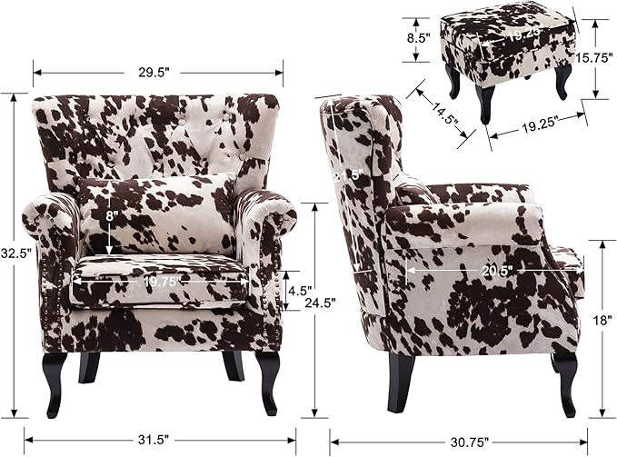 chairus Mid-Century Modern Accent Chairs with Ottoman Set of 2, Comfy Velvet Single Sofa Chair Button Tufted Wingback Armchairs with Pillow for Living Room/Bedroom/Club - Cow