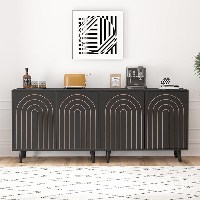 63" Sideboard Buffet Cabinet Set of 2, Modern Accent Cabinet with Carving Lines, Decorative Storage Cabinets for Bedroom Living Room Kitchen Office and Hallway (Black, 2)