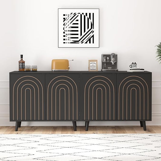 63" Sideboard Buffet Cabinet Set of 2, Modern Accent Cabinet with Carving Lines, Decorative Storage Cabinets for Bedroom Living Room Kitchen Office and Hallway (Black, 2)