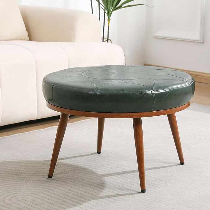 Round Ottoman Coffee Table, 24-Inch Faux Leather Cushioned Footstool with Solid Wood Bookshelf & Frame, Multifunctional Storage Ottoman for Living Room, Bedroom (Green)