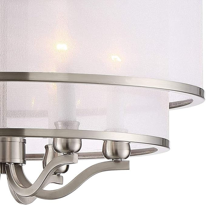 Possini Euro Design Luxe Nickel Pendant Light - 6 Light, Brushed Nickel Finish, White Organza Shade, Luxe Modern Pendant for Kitchen Islands, Dining Rooms, and Living Rooms - 26" Wide, 23" High