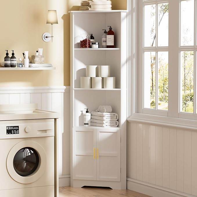 67'' Tall Corner Cabinet with 2 Doors and Storage Shelves,Modern Storage Cabinet with Barn Door Design, Home Space Saver for Living Room, Kitchen, Bathroom, Laundry Room, White