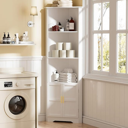 67'' Tall Corner Cabinet with 2 Doors and Storage Shelves,Modern Storage Cabinet with Barn Door Design, Home Space Saver for Living Room, Kitchen, Bathroom, Laundry Room, White