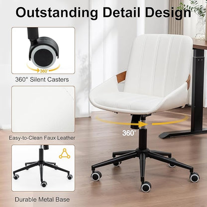 Small Home Office Chair No Arms,PU Leather Desk Chair with Wheels,Adjustable Height Work Chair,360° Swivel Computer Desk Chair for Office, Reading and Study (Beige)