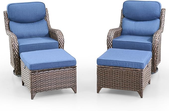 Swivel Patio Chairs sofa Set of 4 with 6" Thick Cushion - Wicker Outdoor Swivel Rocker Patio Chair with Side Table, High Back Comfortable Outdoor Glider Chairs - Brown Wicker | Blue Cushions