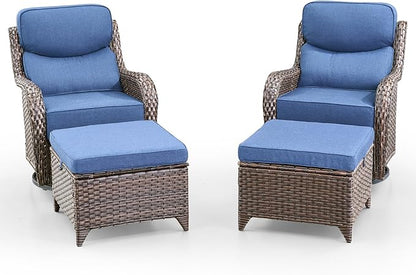Swivel Patio Chairs sofa Set of 4 with 6" Thick Cushion - Wicker Outdoor Swivel Rocker Patio Chair with Side Table, High Back Comfortable Outdoor Glider Chairs - Brown Wicker | Blue Cushions