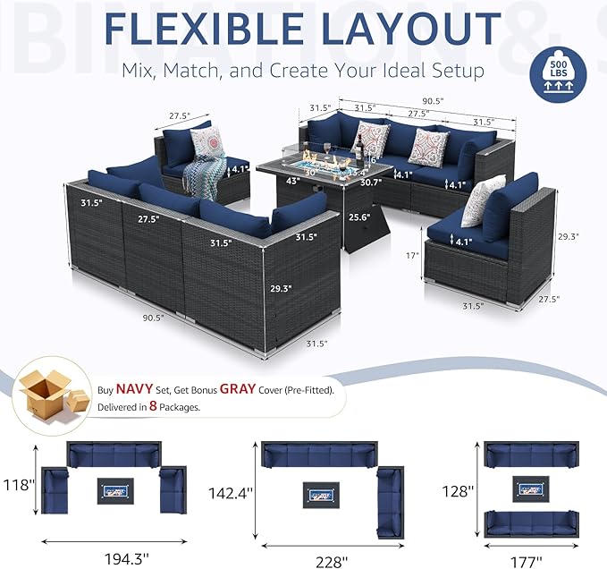 NICESOUL 7 Piece Large Outdoor Patio Furniture Set with Fire Pit Table Gas/Propane, 29.3'' High Back Rattan Modular Sectional Sofa, Extra Wide Conversations for Backyard, 2 Color Cushion Navy & Gray