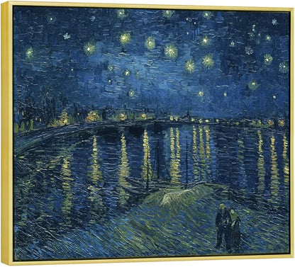 Wieco Art Gold Framed Art Starry Night Over The Rhone Canvas Prints Wall Art by Van Gogh Paintings Reproduction Canvas Prints Abstract Artwork for Living Room Wall Decor