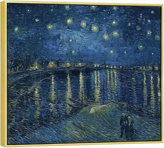 Wieco Art Gold Framed Art Starry Night Over The Rhone Canvas Prints Wall Art by Van Gogh Paintings Reproduction Canvas Prints Abstract Artwork for Living Room Wall Decor