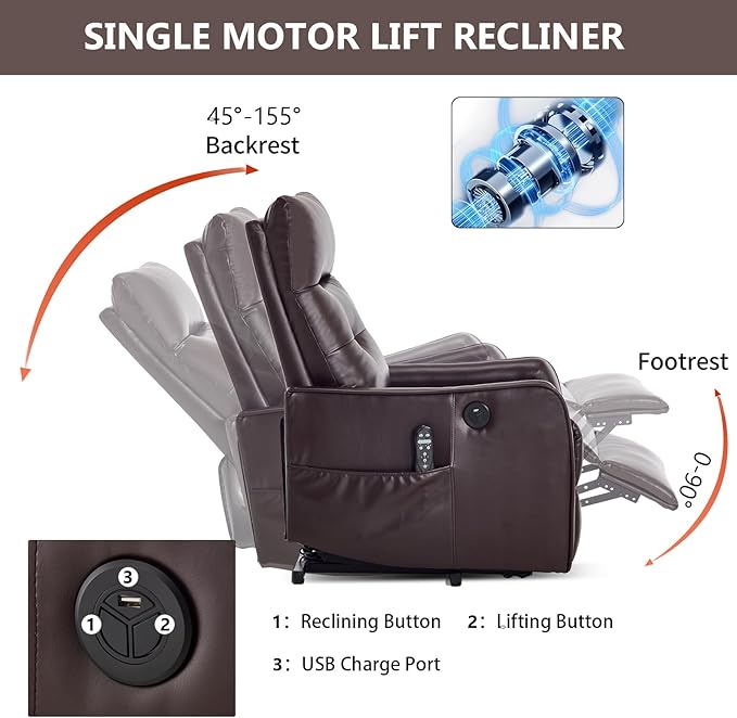 PELUMY Manual Lift Recliner Chair with Massage and Heat for Elderly, Single Motor Electric Lift Chair, Heavy Duty Recliner with USB Charging & Side Pockets (Breathable Leather, Brown)