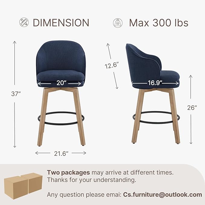 Counter Height Barstools 26 inch Upholstered Swivel Bar Stools with Back and Wood Legs for Kitchen Island,Set of 3,Blue Fabric