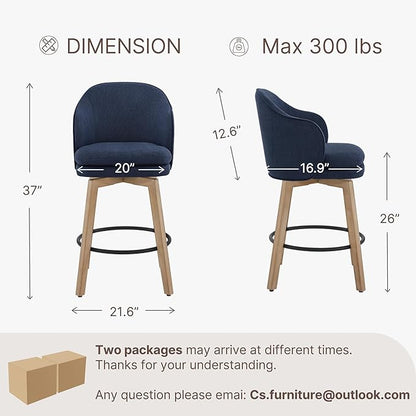 Counter Height Barstools 26 inch Upholstered Swivel Bar Stools with Back and Wood Legs for Kitchen Island,Set of 3,Blue Fabric