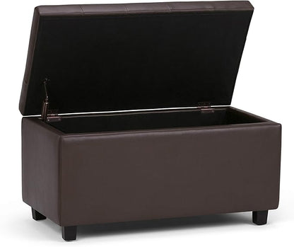 SIMPLIHOME Cosmopolitan Storage Ottoman - 34 inch Wide Upholstered Vegan Leather Rectangle Storage Ottoman Bench in Chocolate Brown, Transitional Tufted Ottoman for Living Room with Lift-Up Lid