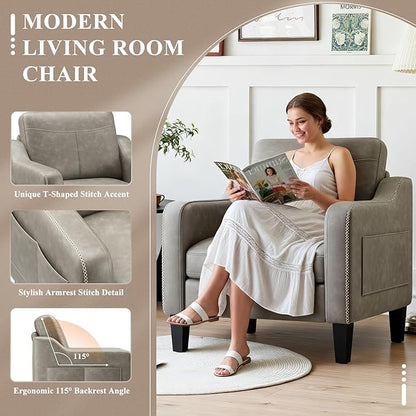 PU Leather Accent Chair Set of 2, Mid-Century Modern Living Room Armchair Sofa with Removable Cushions, Solid Wood Frame & Stitched Armrest Design, Bedroom Chair with Plastic Legs, Grey