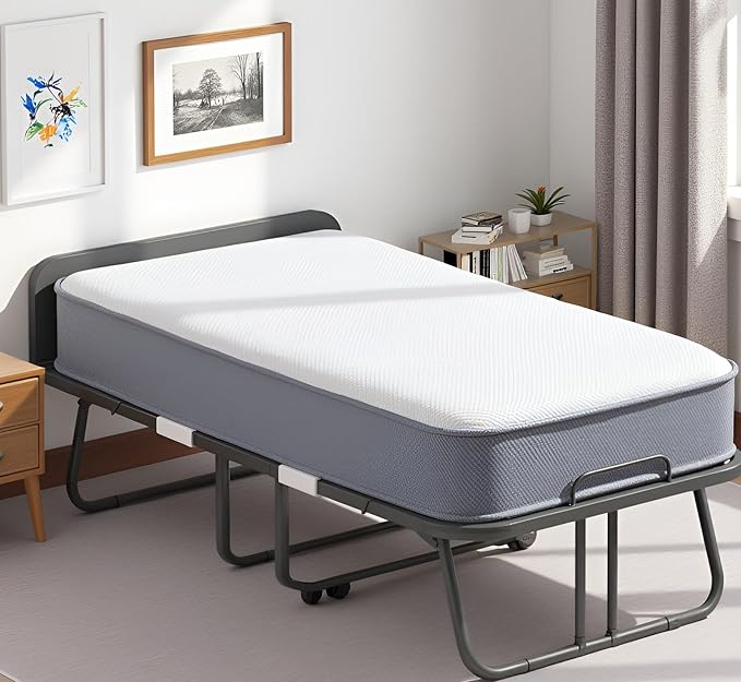 Mjkone Folding Bed with Mattress, Rollaway Bed for Adults with Headborad & Dustproof Bag, 5 Inch Portable Fold Up Bed for Guests with Casters, Foldable Frame, Space Saving for Bedroom（75" x 38"）