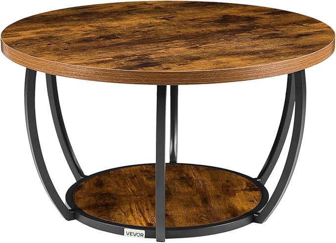 VEVOR Coffee Table, Modern Round Coffee Table, 2 Tiers Wooden Circle Center Desk with Open Storage, Minimalist Sturdy Metal Frame Accent End Desk for Living Room, Office, Easy Assembly, Rustic Brown