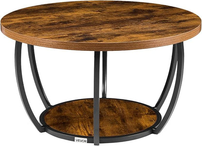 VEVOR Coffee Table, Modern Round Coffee Table, 2 Tiers Wooden Circle Center Desk with Open Storage, Minimalist Sturdy Metal Frame Accent End Desk for Living Room, Office, Easy Assembly, Rustic Brown