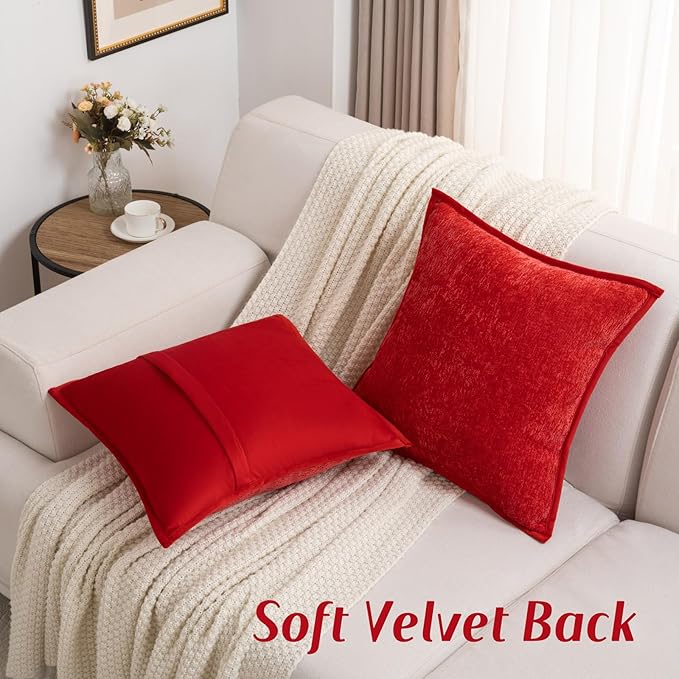 FUTEI Christmas Red Chenille Throw Pillow Covers 16x16 Inch Set of 2,Soft Cozy Bound Edge Design Cushion Case,Home Decor for Couch Bed Living Room