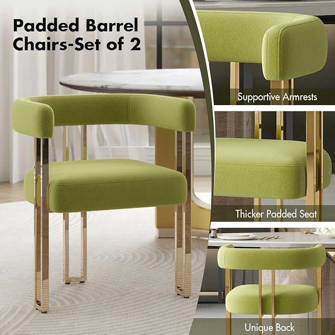 Green and Gold Modern Dining Chairs Set of 2, Velvet Upholstered Barrel Armchairs with Metal Legs for Kitchen Island, Mid Century Accent Chairs for Dining Room Living Room, Open-Back