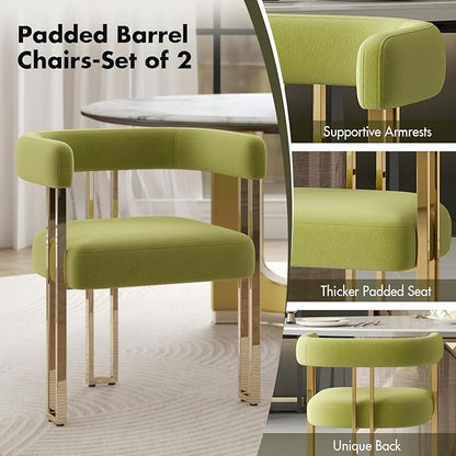 Green and Gold Modern Dining Chairs Set of 2, Velvet Upholstered Barrel Armchairs with Metal Legs for Kitchen Island, Mid Century Accent Chairs for Dining Room Living Room, Open-Back