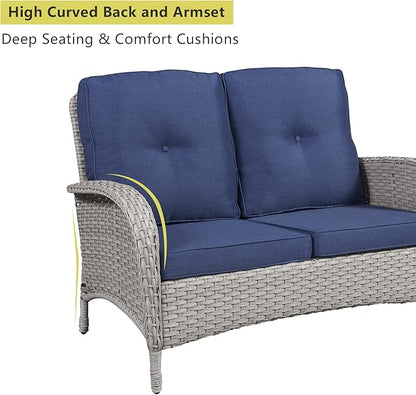 HUMMUH 4-Piece Patio Furniture Wicker Outdoor Conversation Set,All-Weather Rattan Outdoor Bistro Set with Loveseat Chairs Coffee Table for Backyard,Poolside,Deck