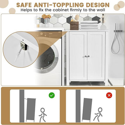 COSTWAY Bathroom Floor Cabinet - Freestanding Side Storage Organizer with Double Doors & Adjustable Shelf, Wooden Storage Cabinet for Living Room, Bedroom, Kitchen, Entryway (White)