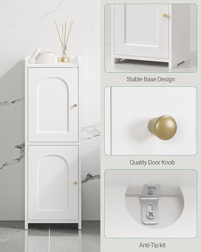 Bathroom Storage Cabinet, Corner Floor Cabinet with 2 Doors and Adjustable Shelf, Narrow Toilet Paper Cabinets, Bathroom Organizer for Small Spaces, 7.9" D x 9.8" W x 29.5" H White