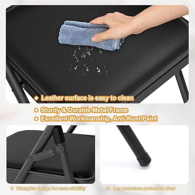 4 Pack Black Folding Chairs with Padded Cushion for Outside, Portable Stackable Commercial Metal Foldable Chairs with Steel Frame for Home Events Office Wedding Party, 350lbs Capacity