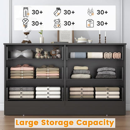 Bigbiglife Wood Dresser for Bedroom, 6 Drawer Double Dresser, Modern Chest of Drawers with Deep Drawers, Large Storage Organizer for Living Room, Closet (Black)