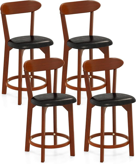 COSTWAY Bar Stool Set of 4, 23.5'' Counter Height Barstools w/Curved Backrest, Faux Leather Cushion & Rubber Wood Frame, Mid Century Modern Island Chairs for Kitchen Bar Cafe, Walnut