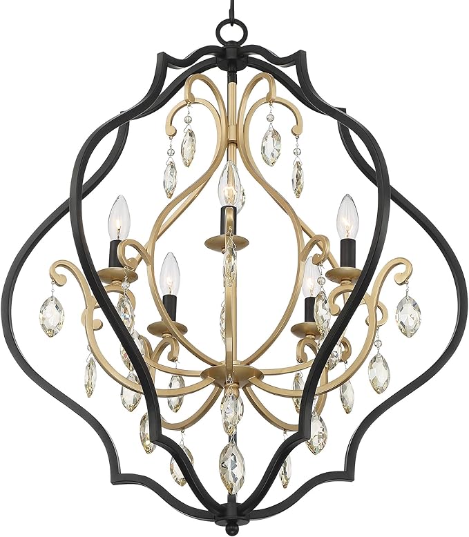 Clara Black Soft Gold Iron Pendant Chandelier 26 1/2" Wide French Amber Crystal 5-Light Fixture for Dining Room House Home Foyer Entryway Kitchen Bedroom Living High Ceiling - Barnes and Ivy