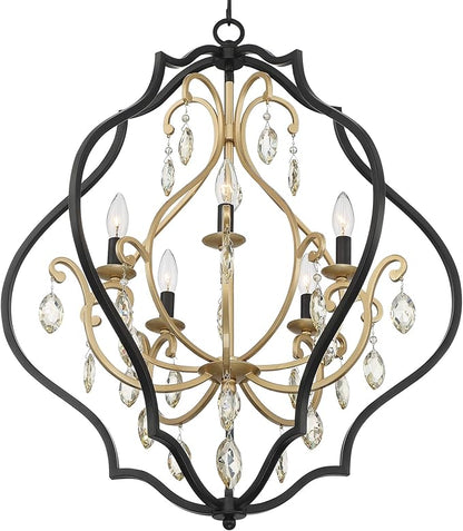Clara Black Soft Gold Iron Pendant Chandelier 26 1/2" Wide French Amber Crystal 5-Light Fixture for Dining Room House Home Foyer Entryway Kitchen Bedroom Living High Ceiling - Barnes and Ivy