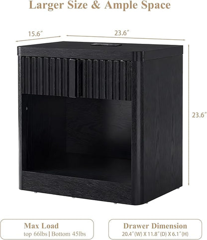 Fluted Nightstand with Charging Station, 23.6" End Table with Open Shelf and Drawers Storage, Bedside Table with Solid Wood Handle, Curved Profile Design, Night Stand for Bedroom, Black