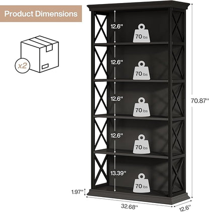 Tribesigns 71-Inch Tall Bookcase, 5-Tier Industrial Metal Bookshelf, Large Etagere Bookcases and Bookshelves, Freestanding Display Shelves for Living Room, Bedroom, Black (Set of 2)