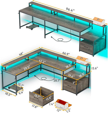 SEDETA L Shaped Desk, 66" Home Office Desk with Wood File Drawer, Power Outlet, Corner Computer Desk with Monitor Shelf, Printer Storage Shelves, Gaming Desk with Led Lights, Two Person Desk, Walnut