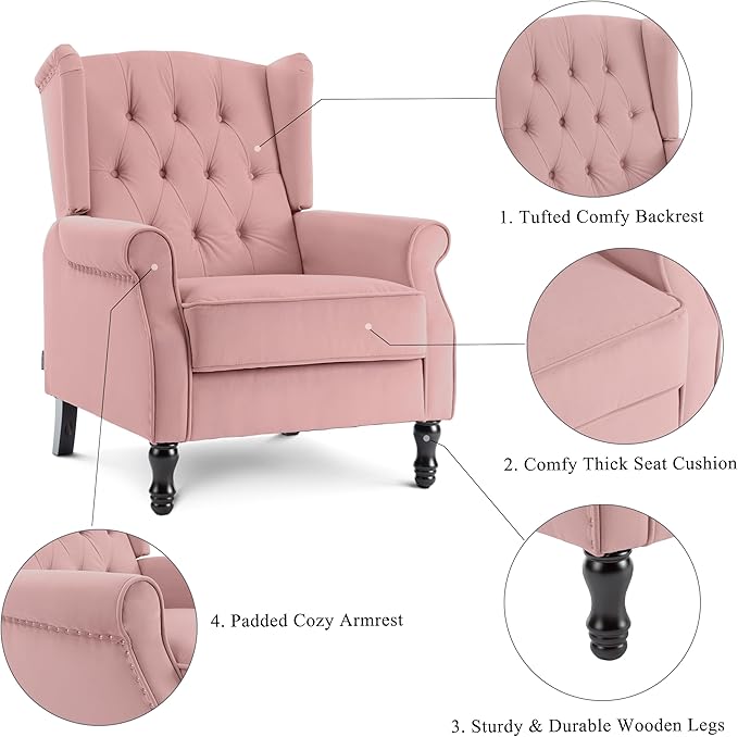 Artechworks Winged Fabric Modern Accent Chair Tufted Arm Club Chair Linen Single Sofa with Wooden Legs Comfy Upholstered for Reading Living Room Bedroom Office, Pink