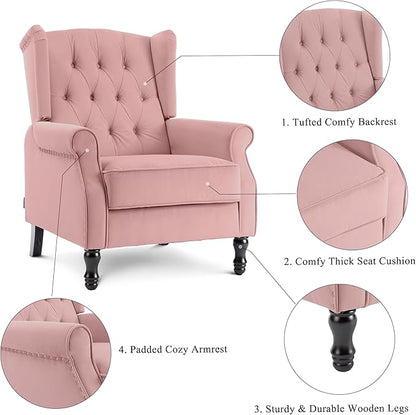 Artechworks Winged Fabric Modern Accent Chair Tufted Arm Club Chair Linen Single Sofa with Wooden Legs Comfy Upholstered for Reading Living Room Bedroom Office, Pink