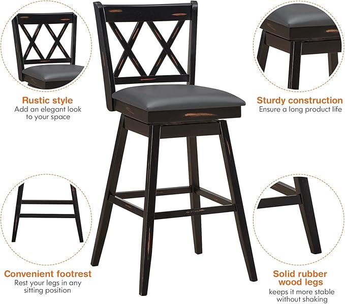 COSTWAY Bar Stool Set of 2, 360 ° Swivel Counter Height 29.5 inch Bar Stool with Foot Rest Upholstered Cushion & Ergonomic Backrest, Premium Foot Rest & Sturdy Frame (4, Black + Grey)