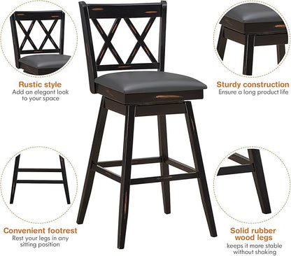 COSTWAY Bar Stool Set of 2, 360 ° Swivel Counter Height 29.5 inch Bar Stool with Foot Rest Upholstered Cushion & Ergonomic Backrest, Premium Foot Rest & Sturdy Frame (4, Black + Grey)