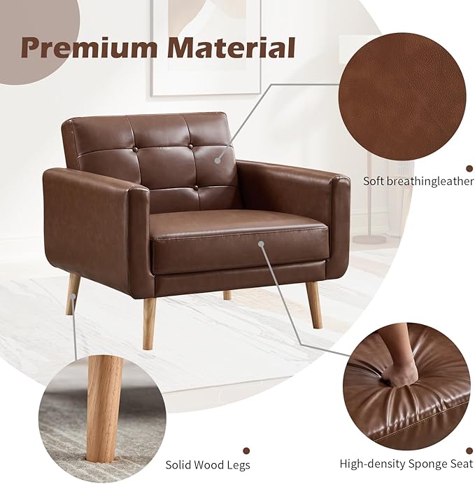 CANMOV 29" W Oversized Leather Accent Chair, Armchair Button Back, Mid Century Modern Accent Chairs for Living Room, Modern Upholstered Bed Room Chair Cozy Armchair with Wood Legs, Brown