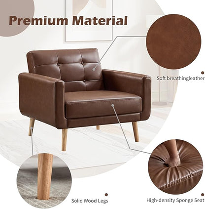 CANMOV 29" W Oversized Leather Accent Chair, Armchair Button Back, Mid Century Modern Accent Chairs for Living Room, Modern Upholstered Bed Room Chair Cozy Armchair with Wood Legs, Brown