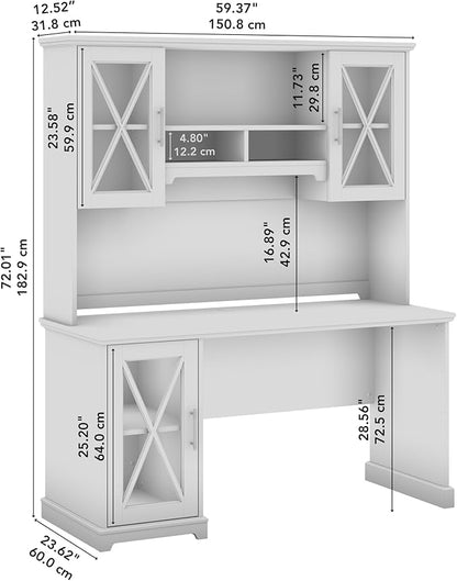 Bush Furniture Lennox 60W Farmhouse Desk with Hutch and Storage Cabinet in Linen White Oak | Computer Table for Home Office