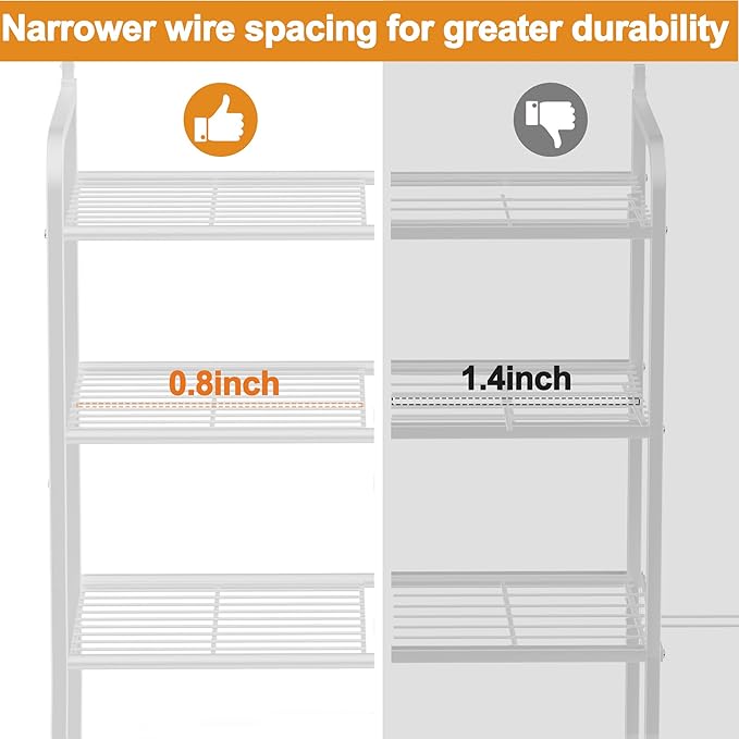 4-Tier Over The Toilet Storage, Bathroom Organizer, Space-Saving, Above Toilet Storage Rack with 4 Hooks and Paper Holder, Metal Shelf, White