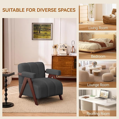 Accent Chair Mid-Century Modern with Wide Backrest for Bedroom, Upholstered Living Room Chair with Wooden, Lounge Armchair with Thick Cushion, Cute Teddy Comfy Chair, Dark Grey